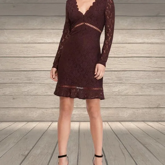 Express plum scalloped v-neck lace dress, lined with long lacey sleeves. Express plum scalloped v-neck lace dress, lined with long lacey sleeves.
